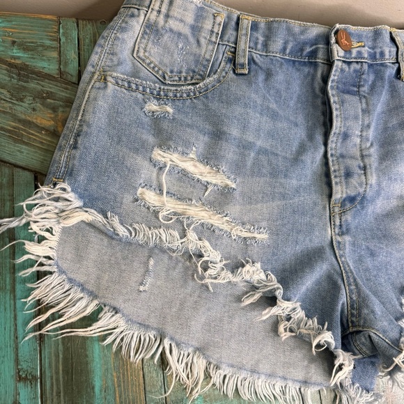 One Teaspoon Le Wolves Denim Shorts Blue Bone Frayed Hem Distressed Size 29 - Picture 4 of 15